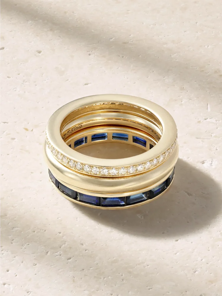 Stack set of three 14-karat gold, navy sapphire and diamond rings