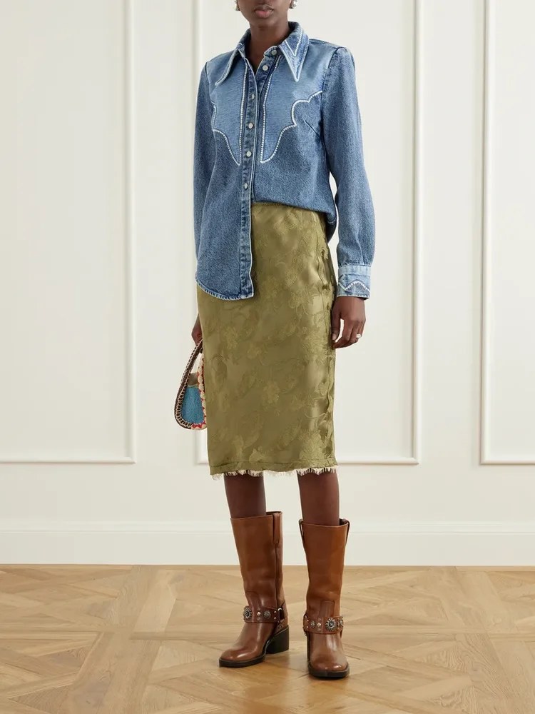 Winifred lace-trimmed floral-jacquard midi skirt