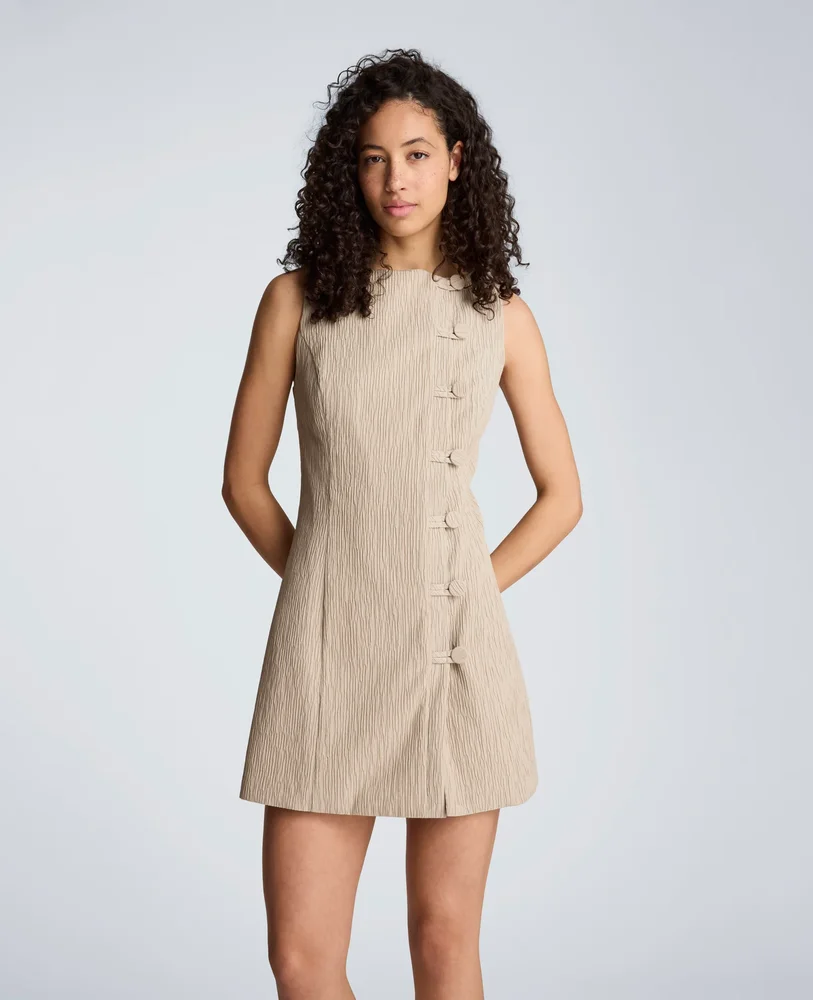 Button Front Boat Neck Sheath Short Cotton Cloque Dress