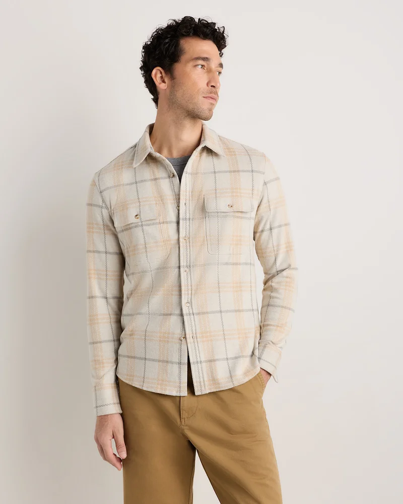 Men's Stretch Sweater Fleece Shirt in Oatmeal Check