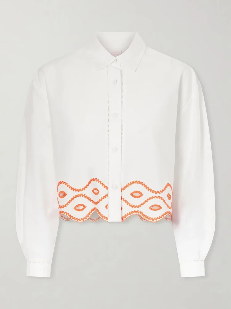 Assia cropped broderie anglaise-trimmed cotton-voile shirt