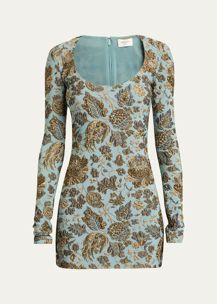 Stretch Brocade Decollete Mini Dress