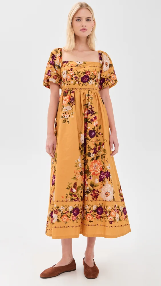 Puff Sleeve Square Neck Midi Dress