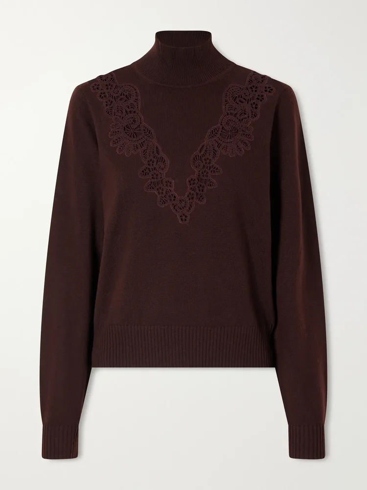 Valiant Lace Trimmed Wool Turtleneck Sweater