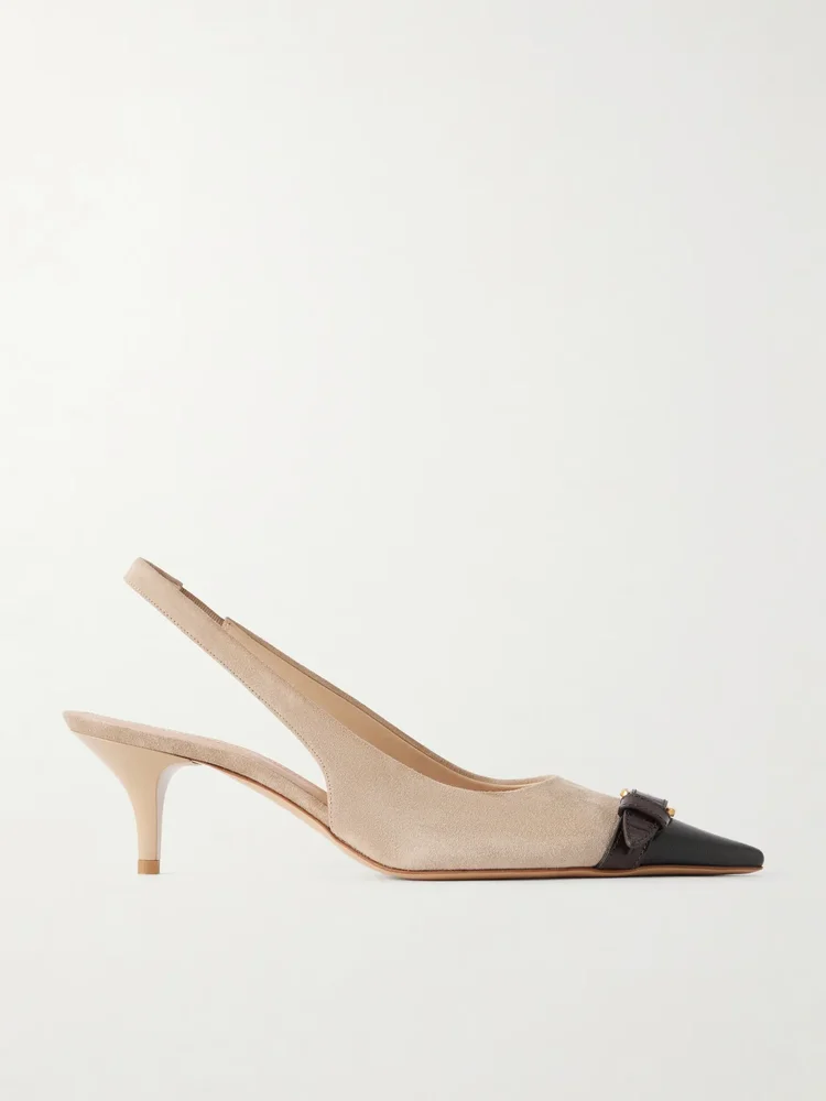 Buckled leather-trimmed suede slingback pumps