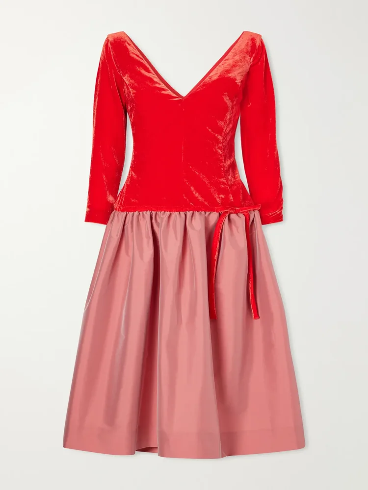 Inez bow-detailed gathered velvet and taffeta midi dress