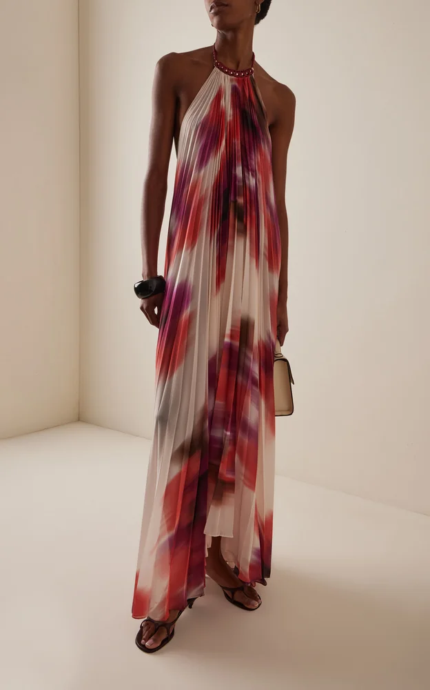 Contanza Plisse Chiffon Maxi Halter Dress