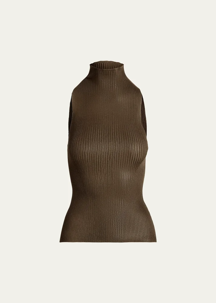 Foiled Rib-Knit Mockneck Sweater