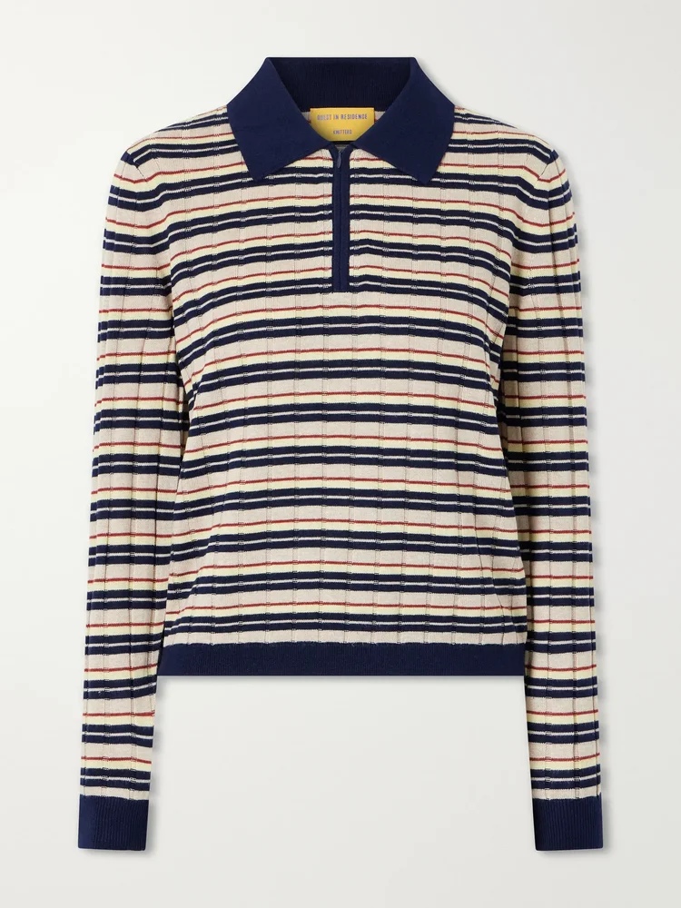 Striped silk and linen-blend polo shirt