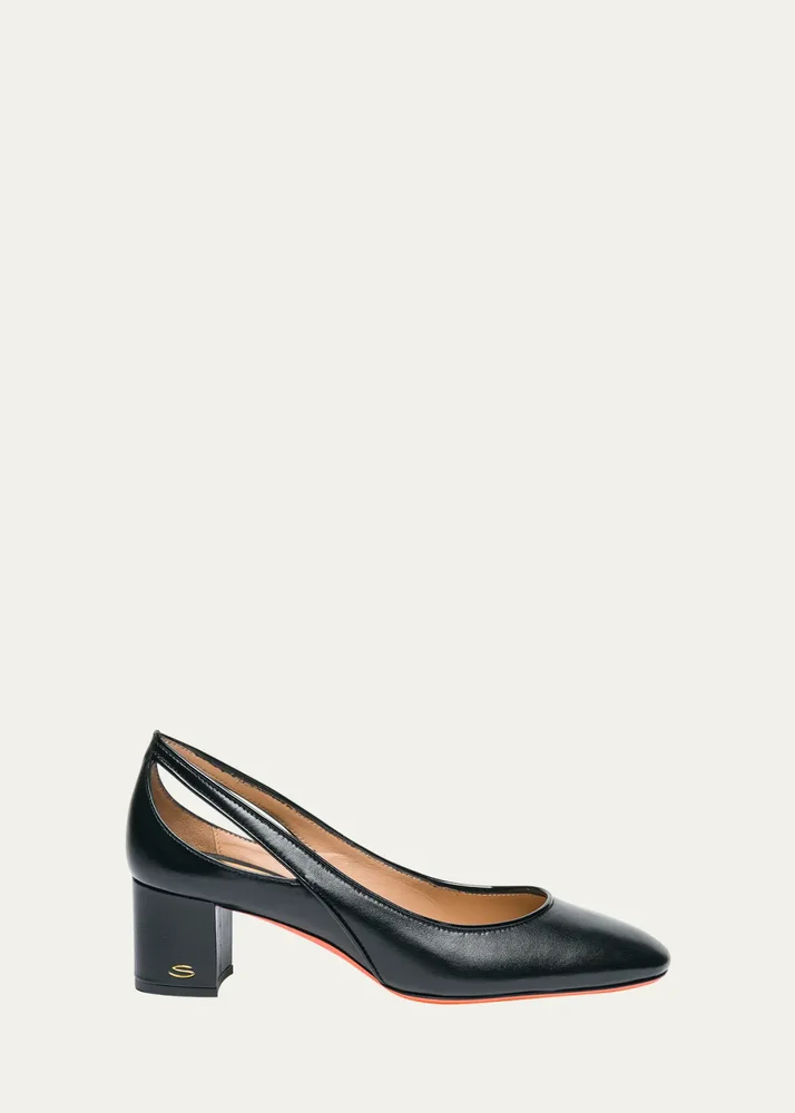Cut-Out Mixed Leather Block Heel Pumps