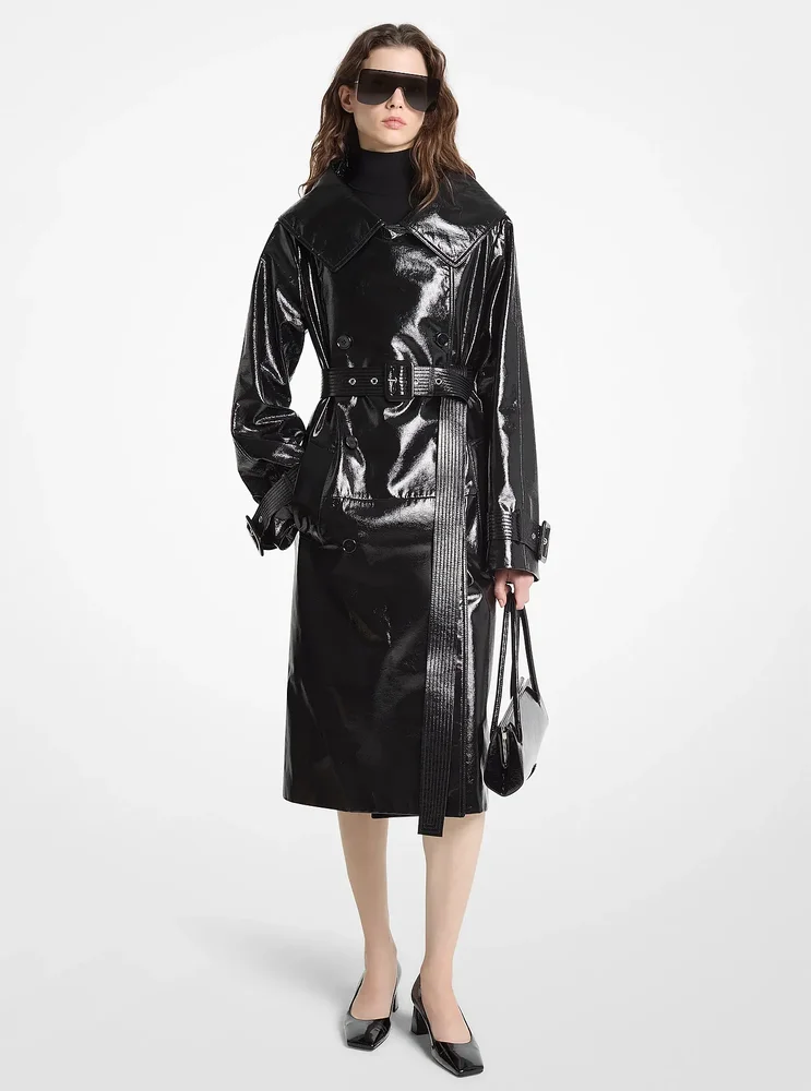 Crackled Leather Portrait Collar Trench Coat