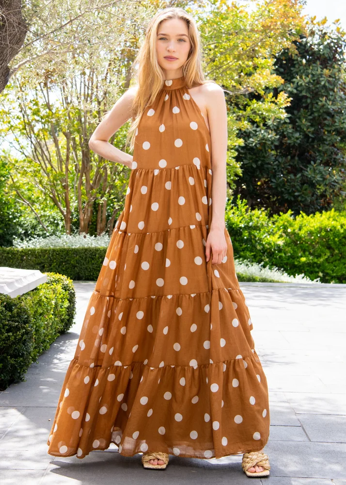 Rima Taupe Polka Dot Tiered Maxi Dress