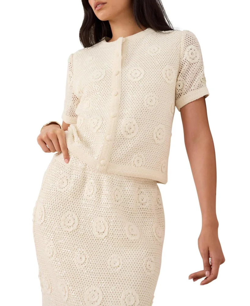 Women's Cotton Sequin Floral Crochet Top