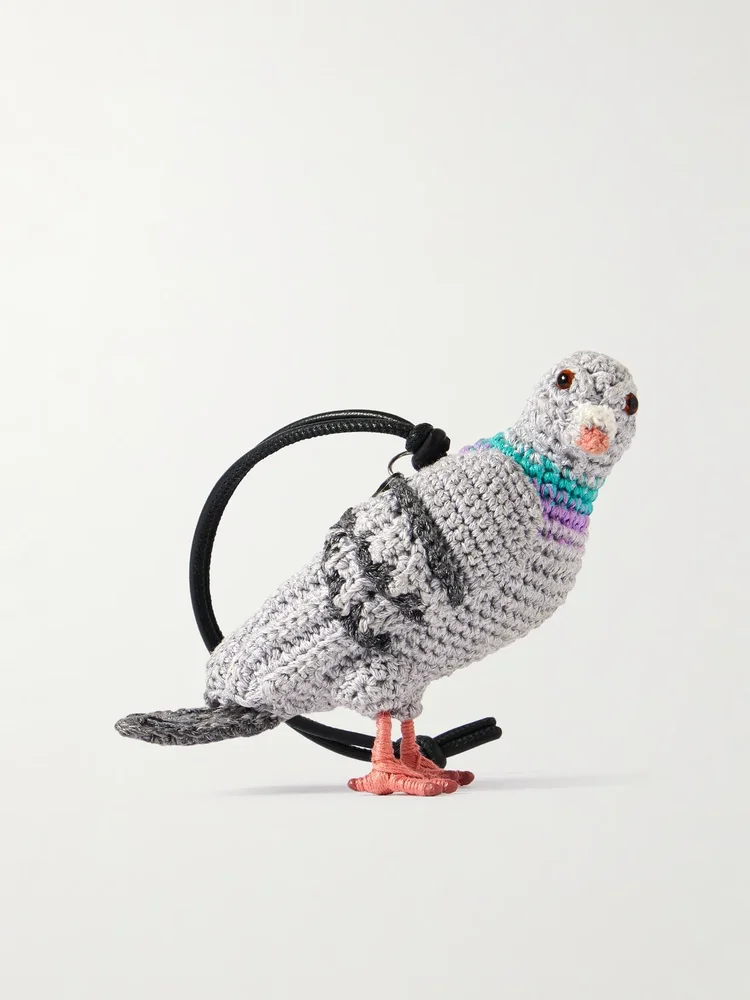Pigeon crocheted cotton and leather bag charm