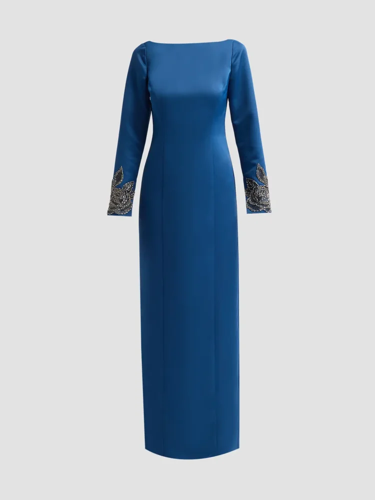 Thea Embellished-Cuff Duchess Satin Gown