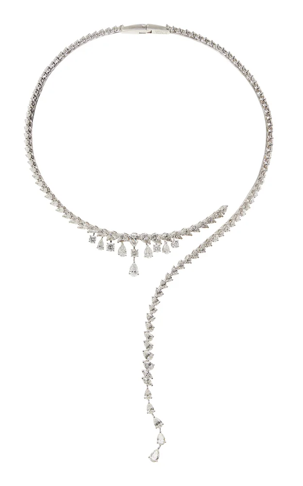 18K White Gold Diamond Choker Linear Drop Necklace