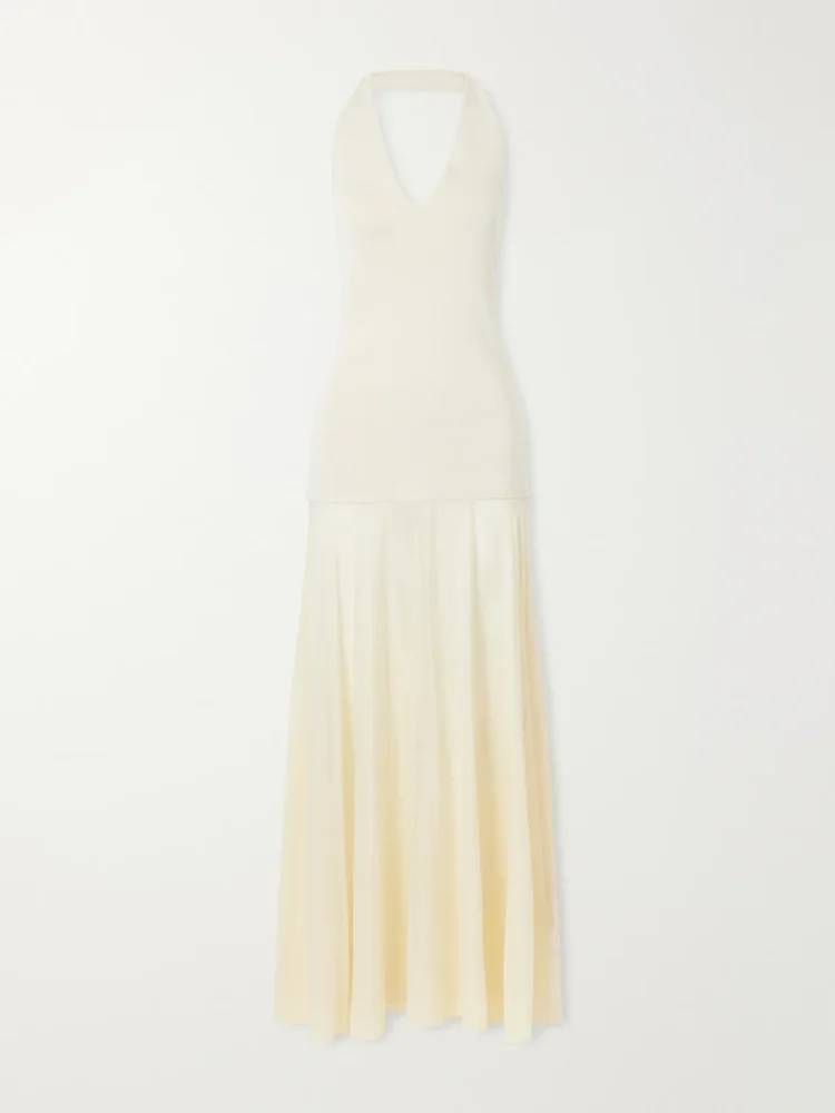 Circle mesh and crepe halterneck maxi dress