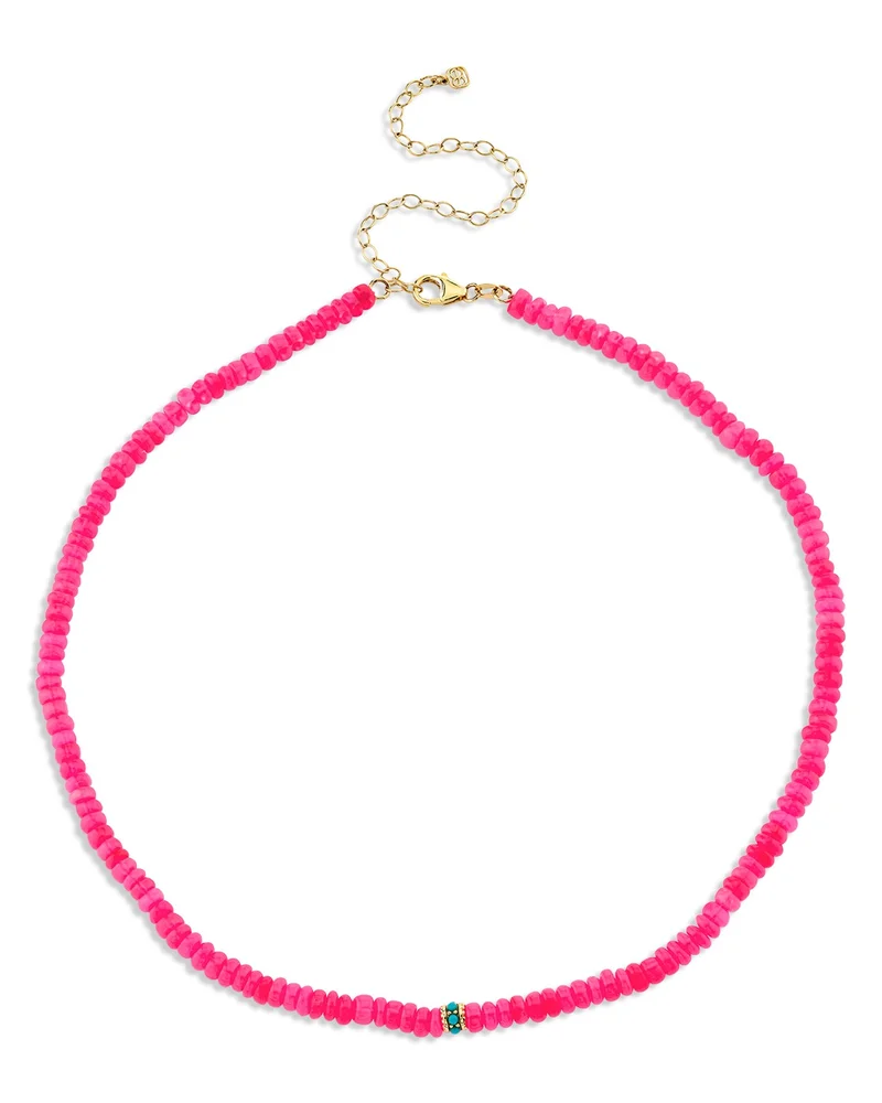 14K Yellow Gold Turquoise Bead Charm Hot Pink Ethiopian Opal Beaded Collar Necklace, 16.25"-17.5"