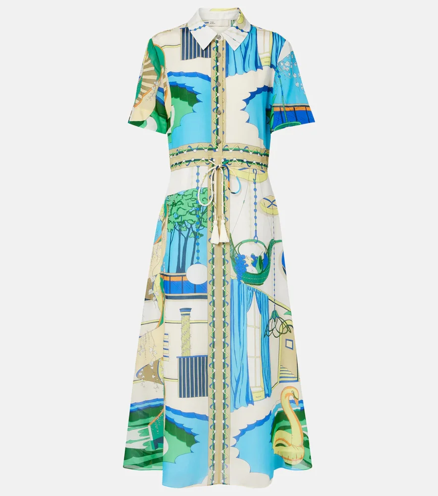Printed silk and cotton shirt dress