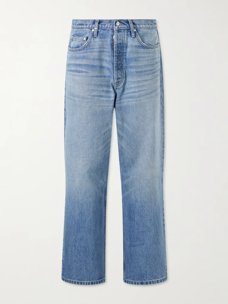 Wide-Leg Logo-Embroidered Distressed Jeans