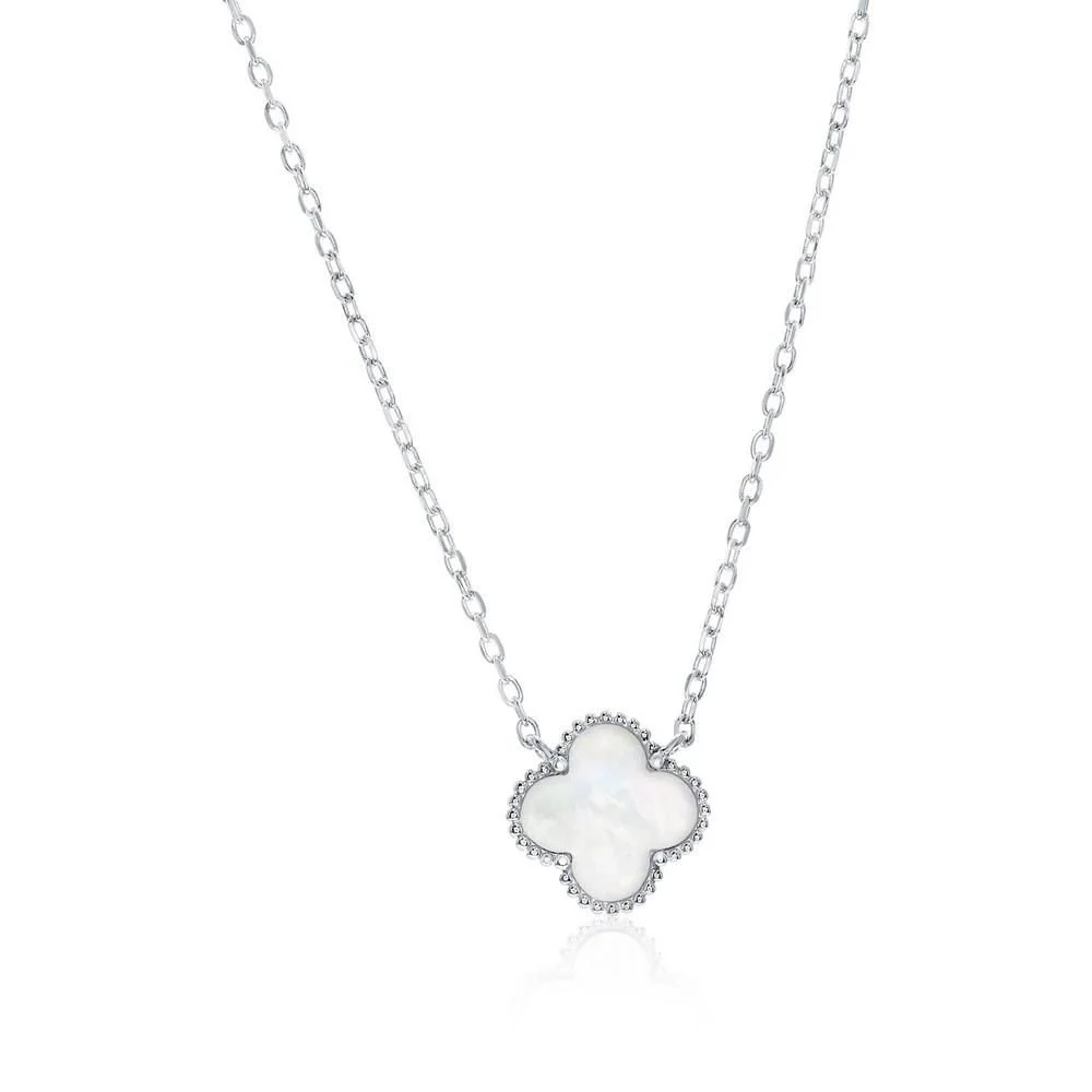 Sterling Silver,Mother of Pearl Clover, Beaded Outline Necklace