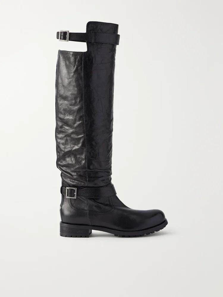 Buckle-detailed leather knee boots