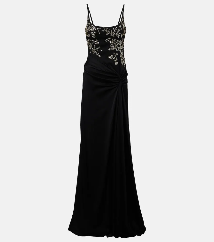 Draped embellished crêpe back satin gown