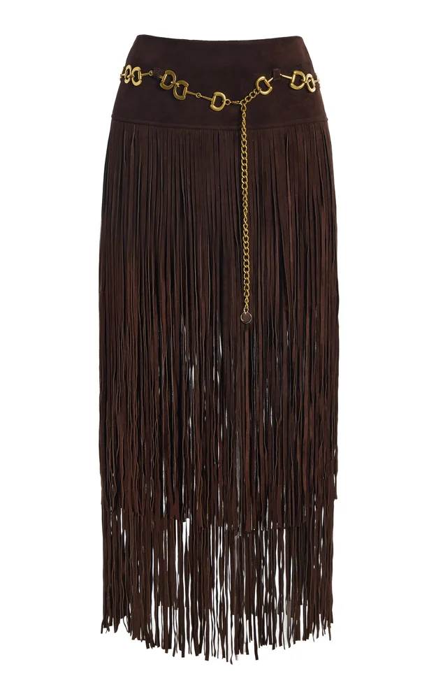 Fringe Lamb Suede Midi Skirt