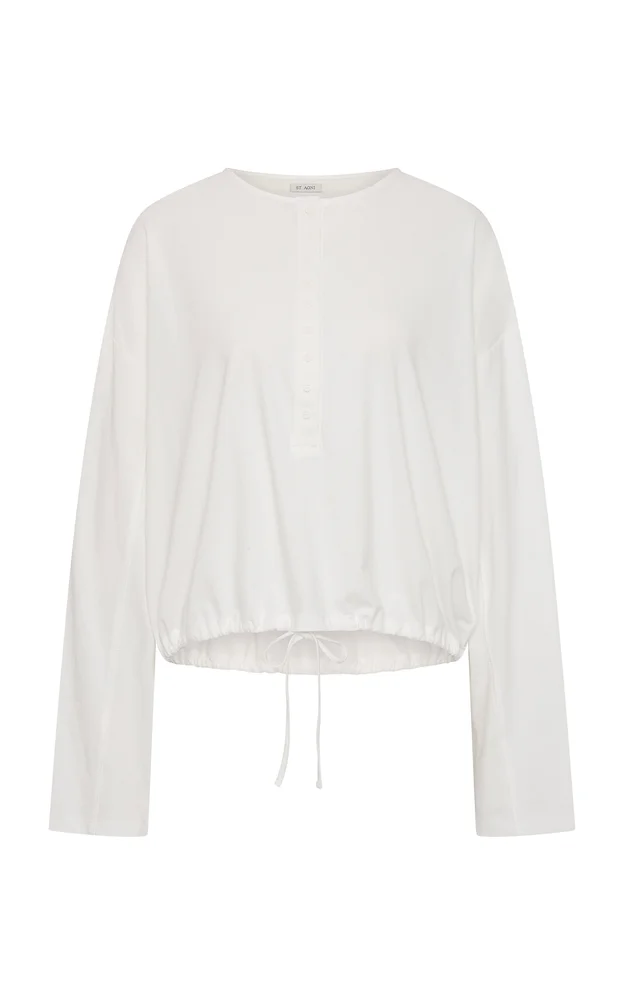Button Drawstring Cotton Long-Sleeve Top