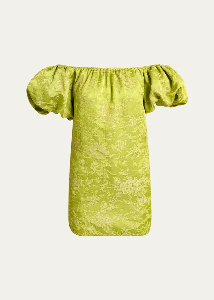 Duchesse Satin Brocade Puff-Sleeve Mini Dress