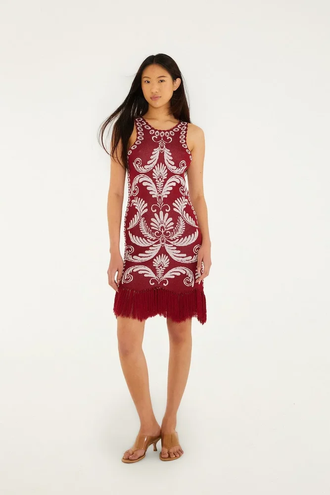 FARM RIO ACTIVE Burgundy Garden Tapestry Fringe Knit Dress