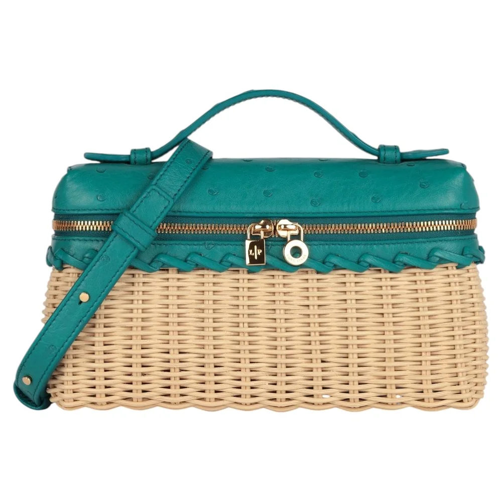 Pre-Owned Turquoise Ostrich and Bamboo Wicker East-West Extra Pocket L19