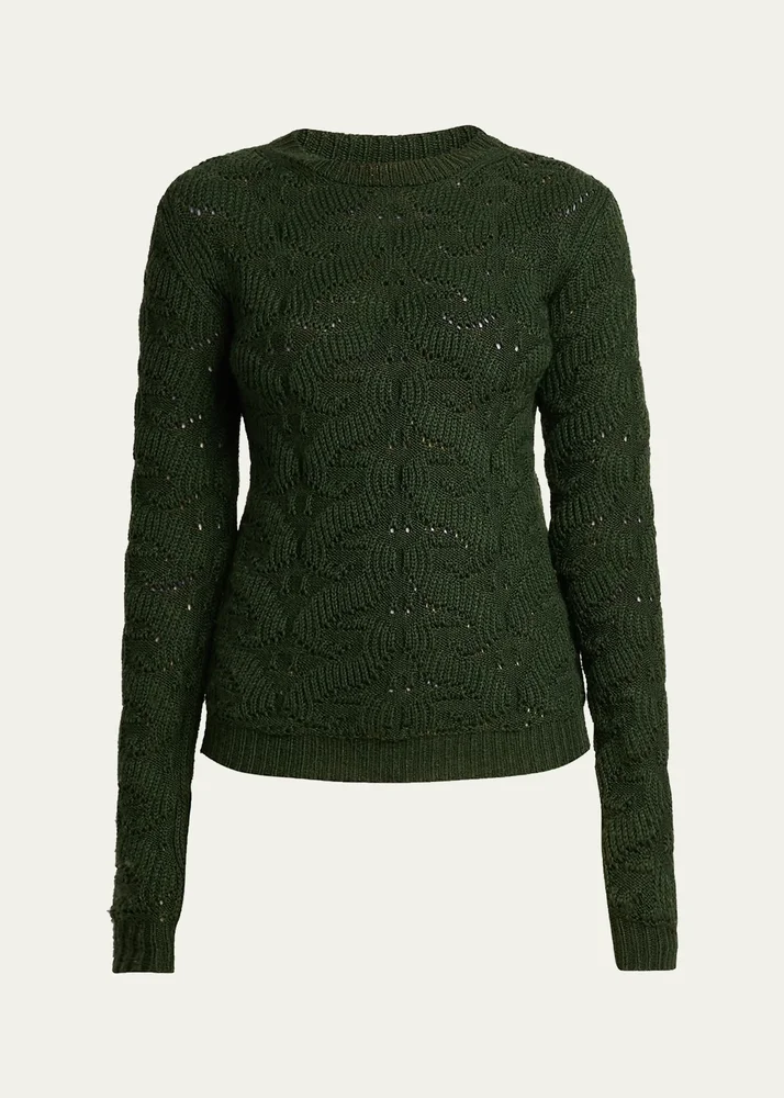 Wool-Blend Pointelle Cable Knit Crewneck Sweater