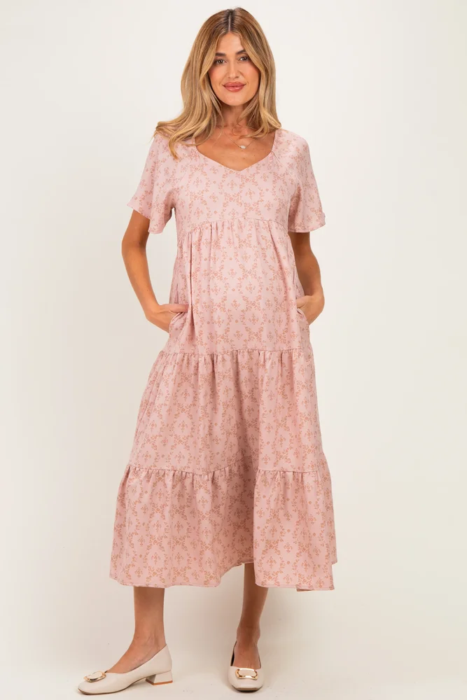 Light Pink Floral Tiered Maternity Midi Dress