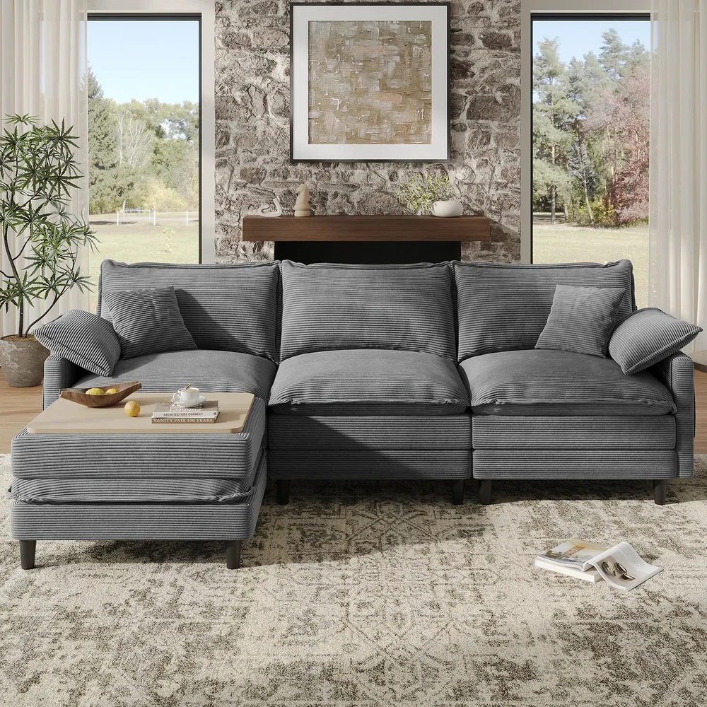 108" Comfy L Shaped Sectional Modular Deep Cloud Sofa with Ottoman