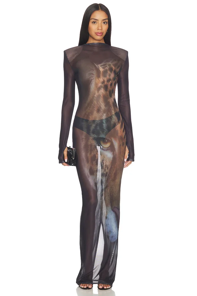 Tiger Long Sleeve Sheer Mesh Maxi Dress