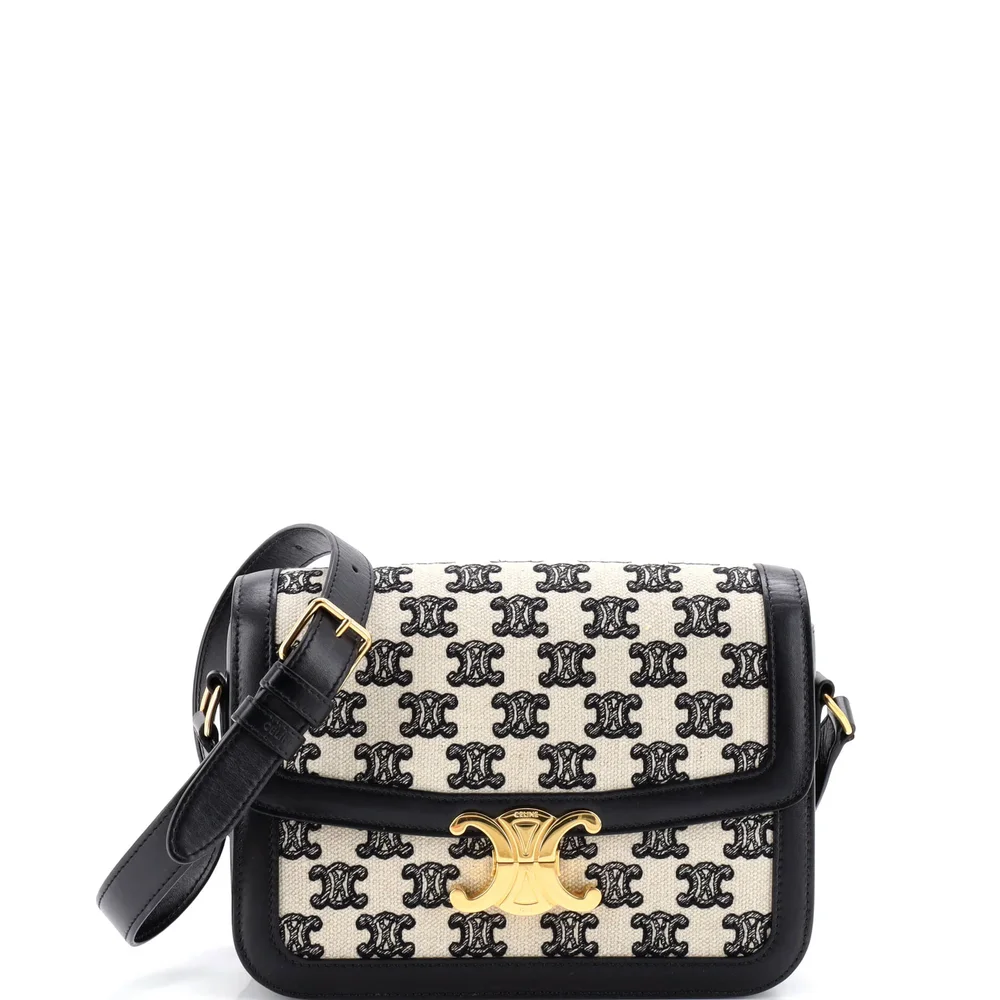 Pre-Owned Triomphe Shoulder Bag in Triomphe Canvas, Medium, Black and Ecru