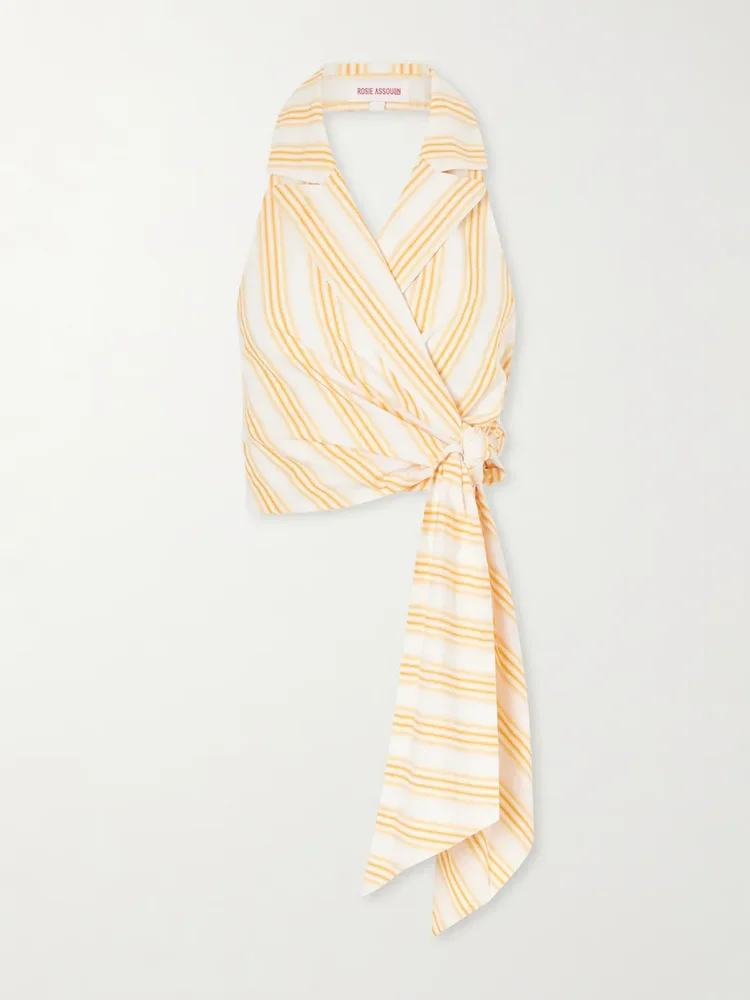 Wrapped Up tie-detailed striped cotton halterneck blouse