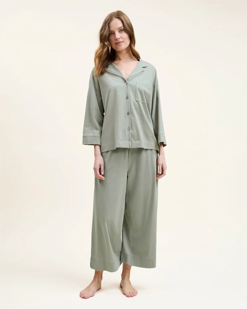 Petite-Plume The Olivia Wide Leg Pima Pajama Set in Sage