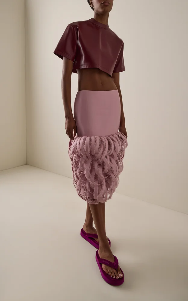 Feather-Embroidered Midi Skirt