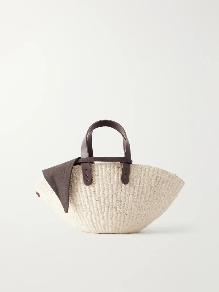 Sophia mini leather and cotton-trimmed raffia top-handle bag