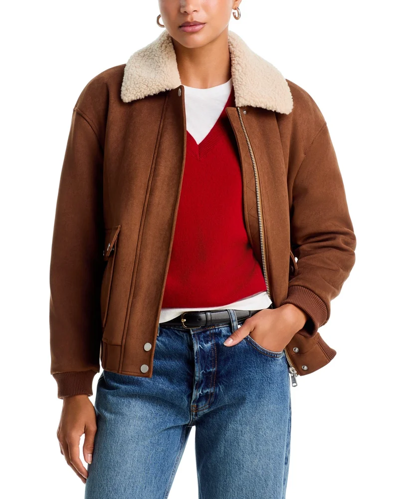 Faux Fur Trim Faux Suede Aviator Jacket - Exclusive