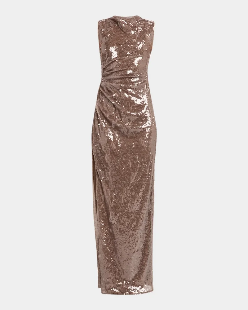 Sheer Sequin Ruched Gown with Slit