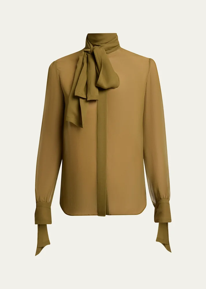 Lavalliere Silk Long-Sleeve Blouse