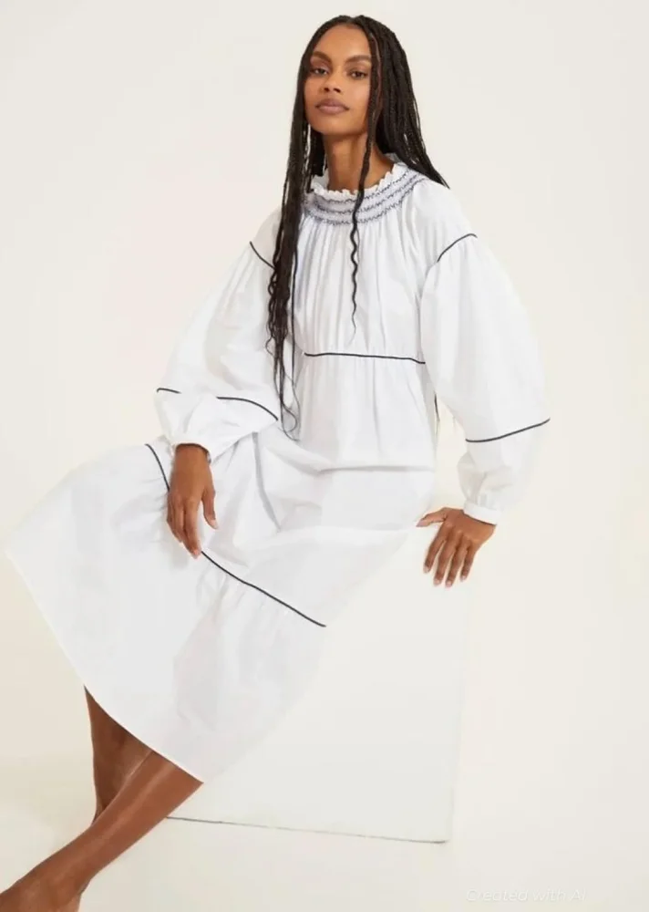 Smocked Puff Sleeve Midi Dress - White