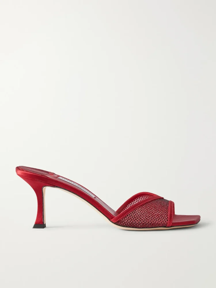 Skye 70 crystal-embellished satin-trimmed mesh mules