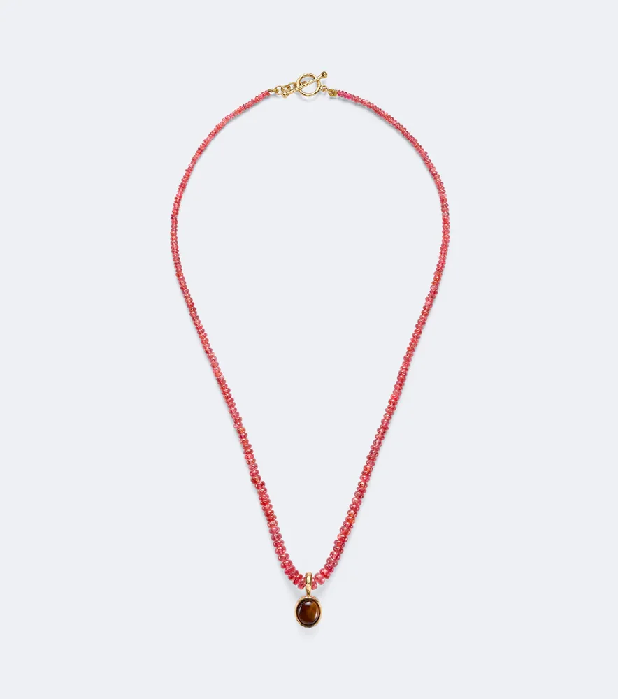 18kt gold beaded necklace with spinels and tiger's eye