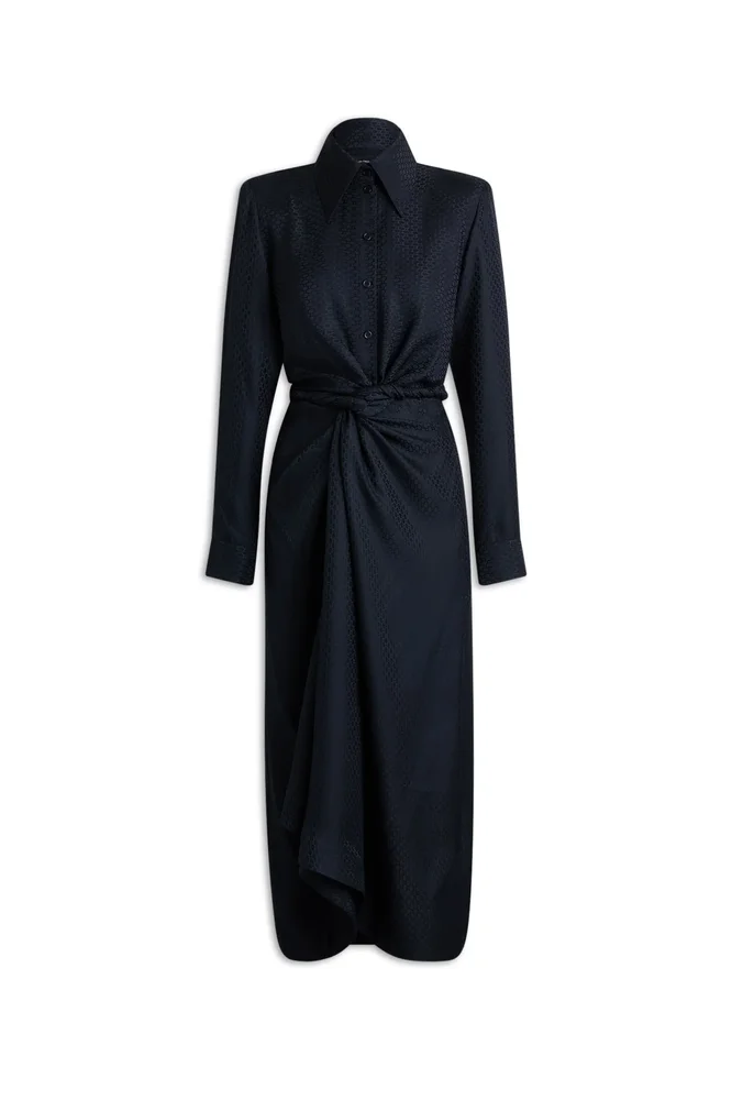 Silk Chain Jacquard Turban Dress, Navy