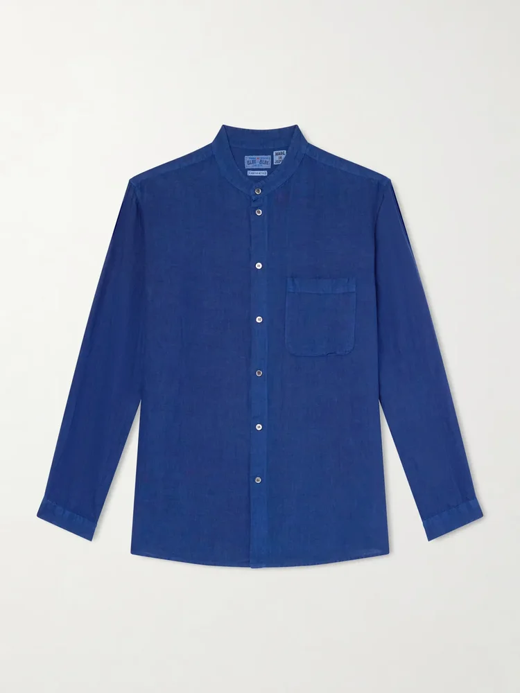 Grandad-Collar Linen-Chambray Shirt