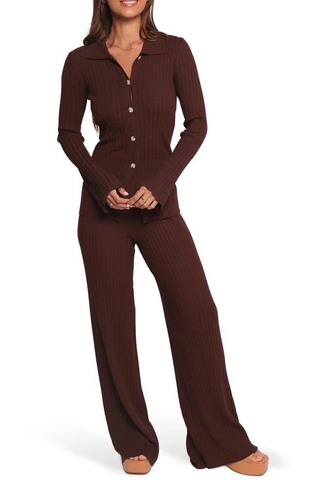 Aylia Rib Knit Top & Flare Leg Pants Set